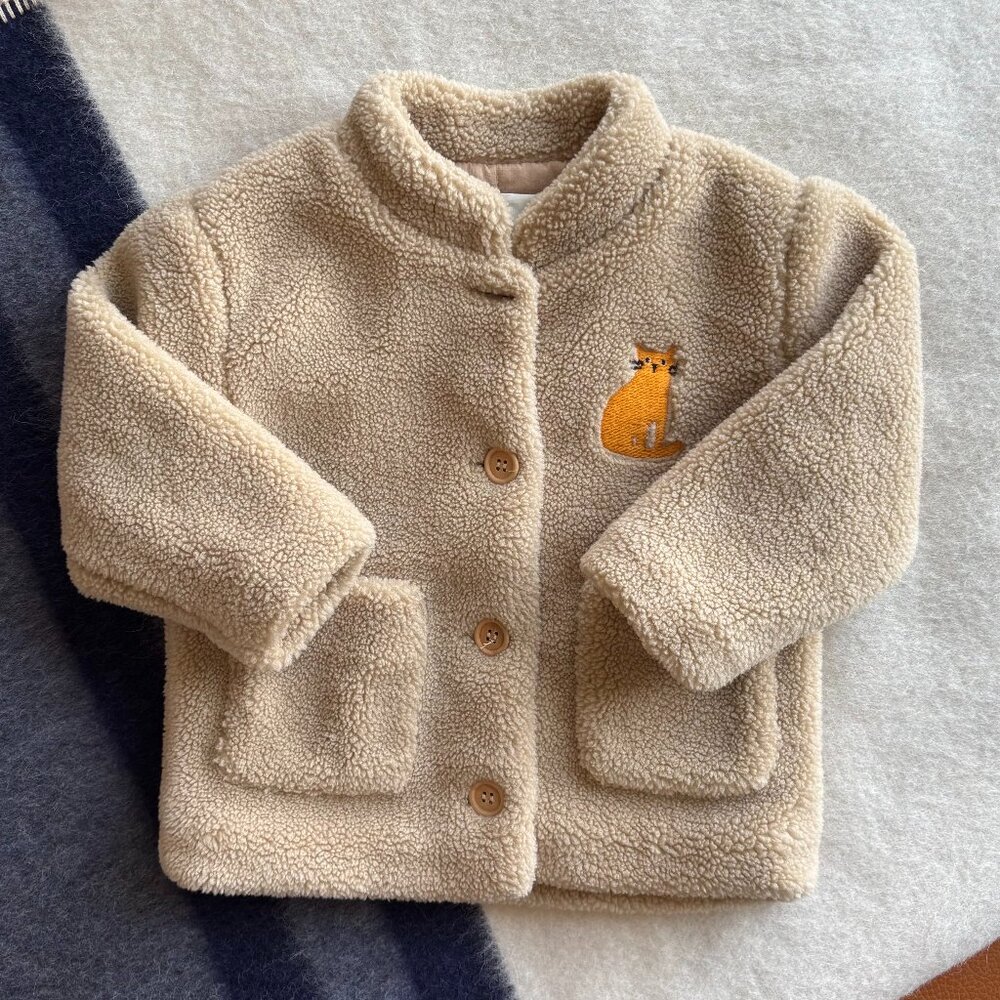 Bobo Choses Cat Faux Fur Coat in Beige 12-18M